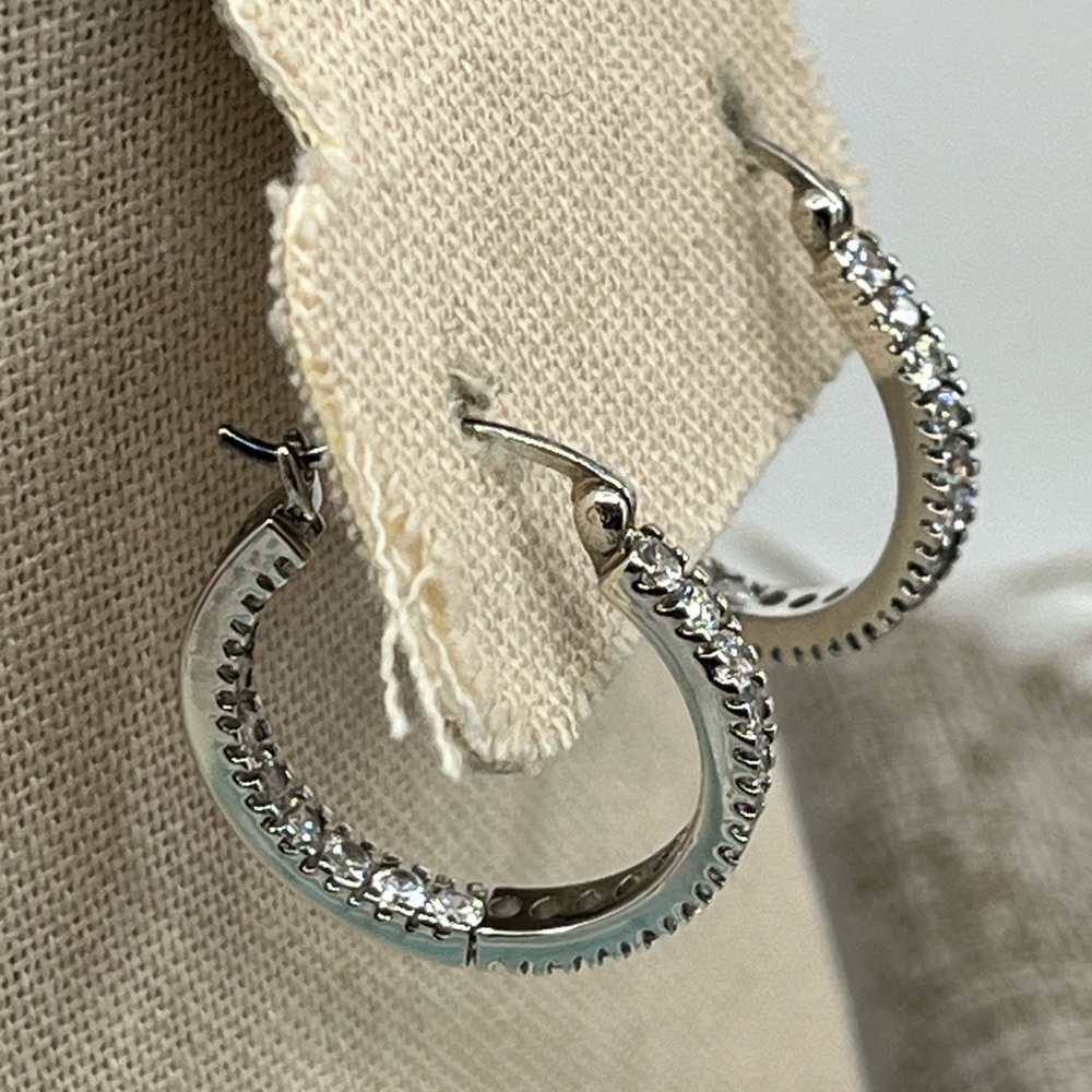 Vintage Ross-Simons Sterling Silver Hoop Earrings with CZ – Snapbar In & Out - Picture 4 of 17